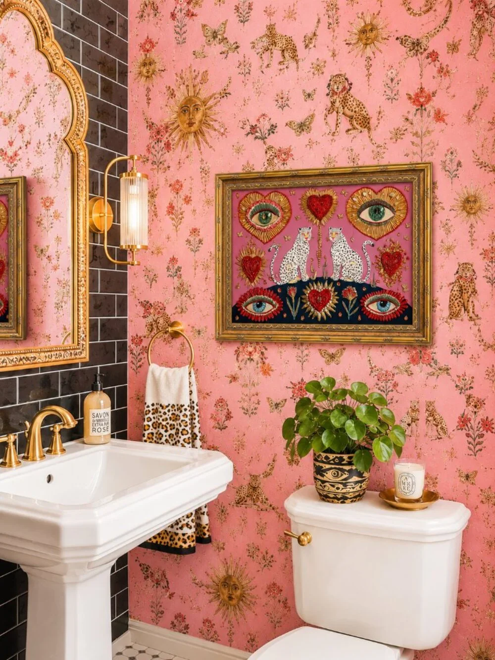 Vintage Gold Framed Gothic Leopard Wall Art Boho Witchy Evil Eye Pink Art Print